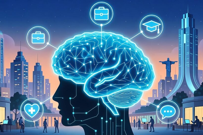 Cérebro digital futurista em azul ciano conectado a ícones de trabalho, saúde, educação e comunicação, com skyline de cidade brasileira iluminada ao fundo – inteligência artificial transformando o dia a dia