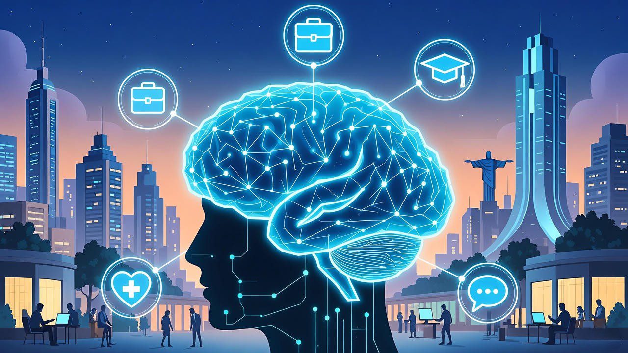 Cérebro digital futurista em azul ciano conectado a ícones de trabalho, saúde, educação e comunicação, com skyline de cidade brasileira iluminada ao fundo – inteligência artificial transformando o dia a dia
