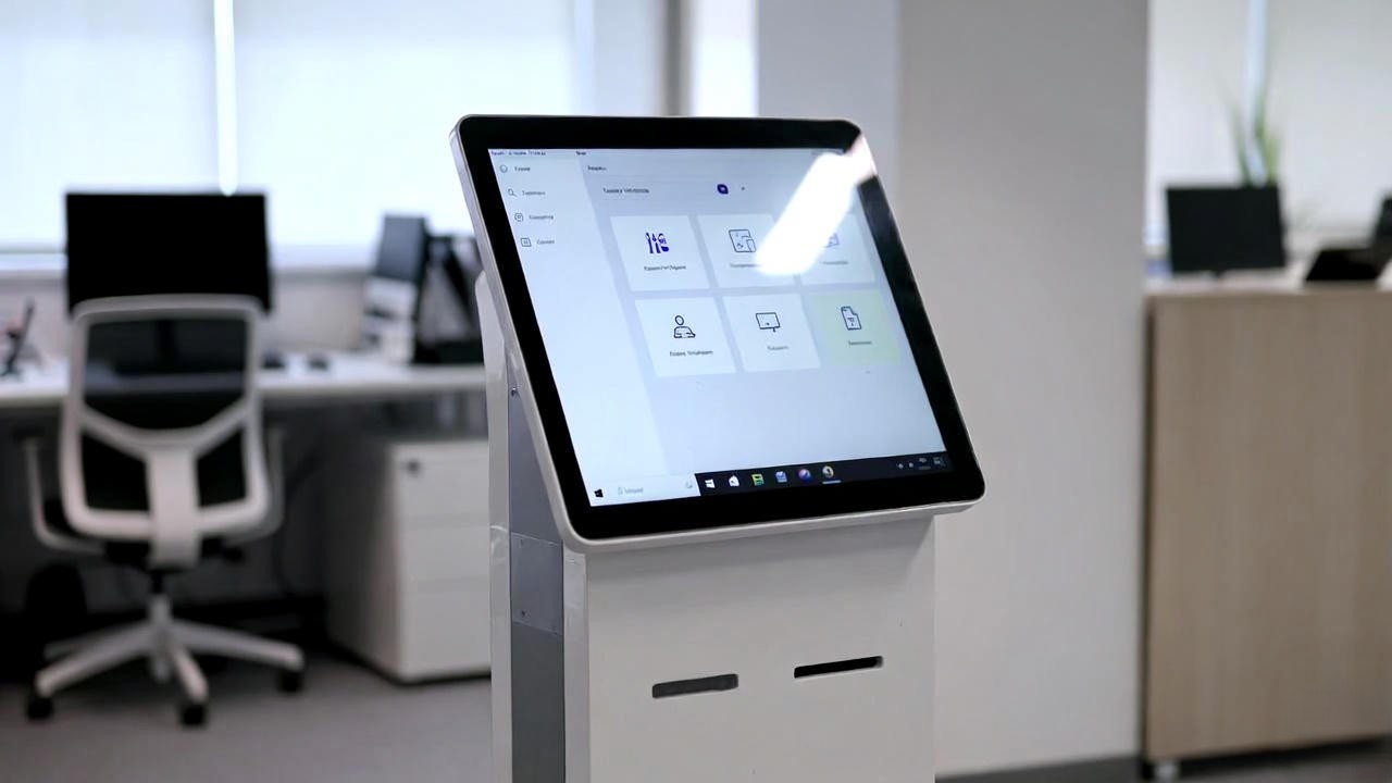 Totem de autoatendimento moderno com tela touch em ambiente corporativo, representando a tendência crescente de soluções de atendimento automático nas empresas brasileiras.