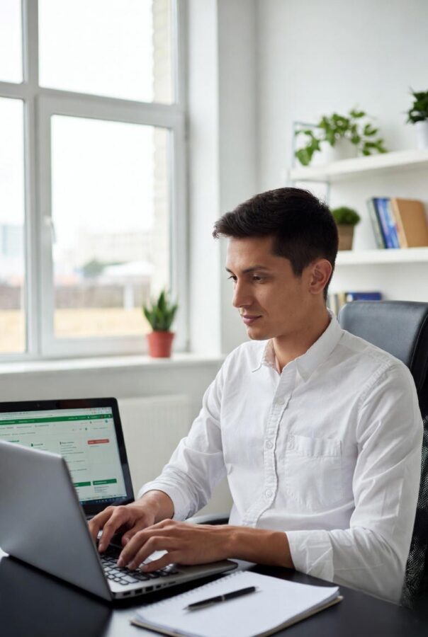 empreendedor acessando a plataforma Contrata+Brasil no computador em estilo burocrático digital gov.br, com interface oficial do governo federal