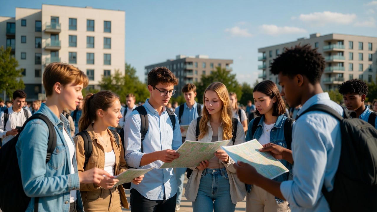Grupo de jovens estudantes universitários diversos, com mochilas, procurando moradia estudantil em frente a prédio residencial moderno, ilustrando a alta demanda no início do ano letivo no Brasil.