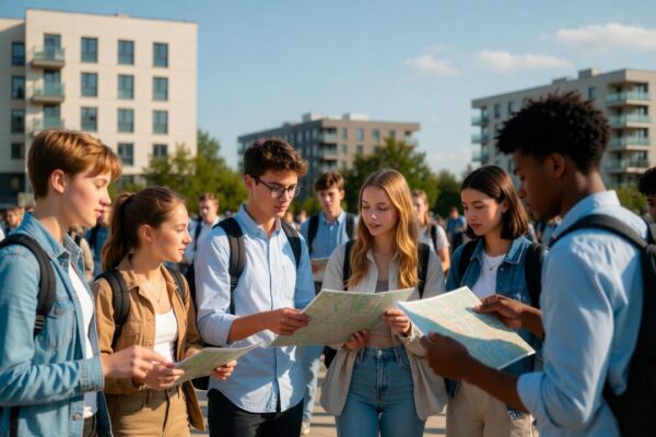 Grupo de jovens estudantes universitários diversos, com mochilas, procurando moradia estudantil em frente a prédio residencial moderno, ilustrando a alta demanda no início do ano letivo no Brasil.