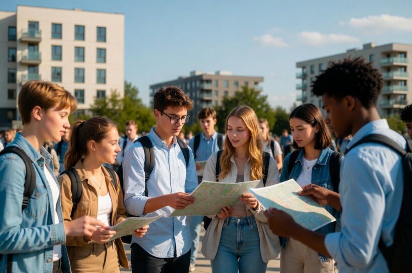 Grupo de jovens estudantes universitários diversos, com mochilas, procurando moradia estudantil em frente a prédio residencial moderno, ilustrando a alta demanda no início do ano letivo no Brasil.