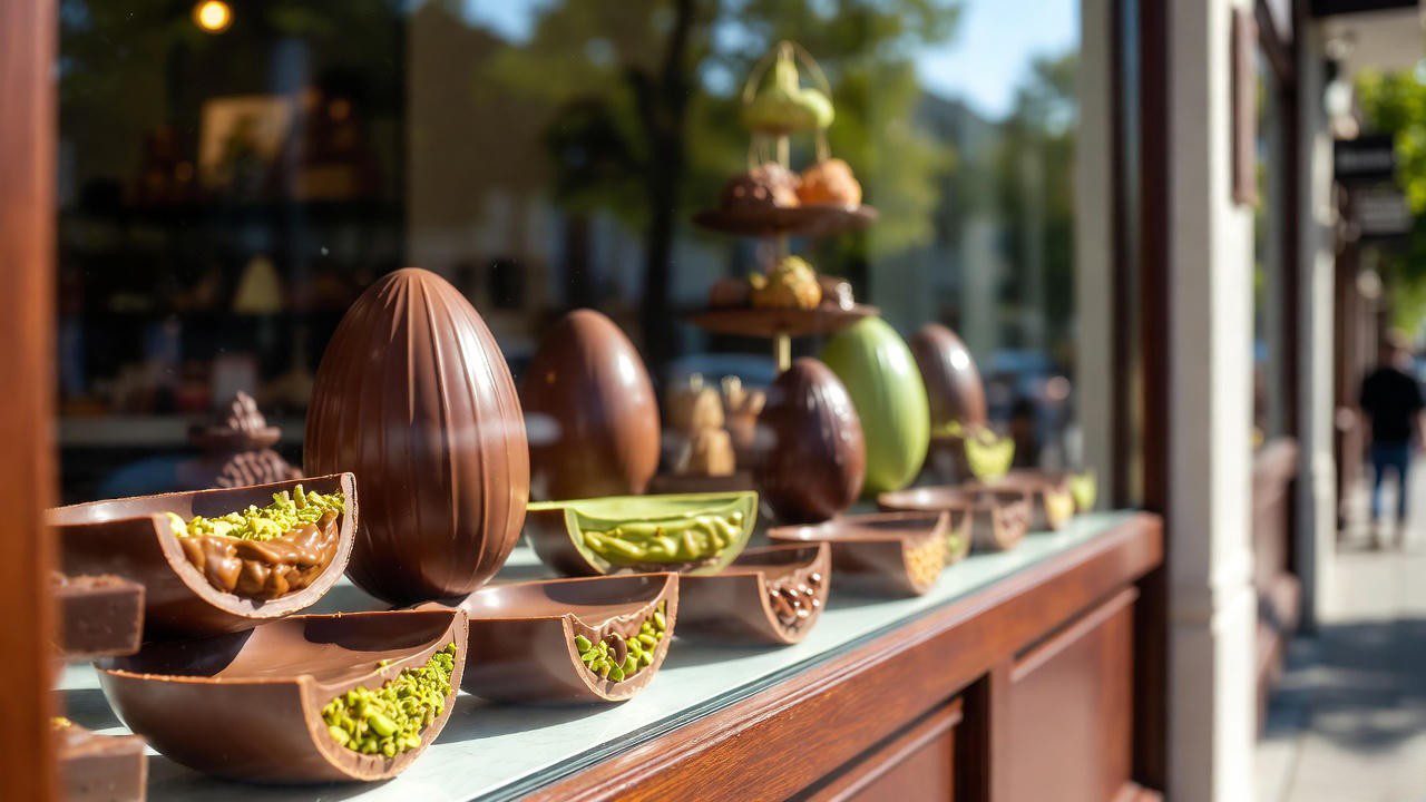 Vitrine de Páscoa com ovos de chocolate recheados de pistache, banoffee e brownie expostos em loja de franquia – tendência atual