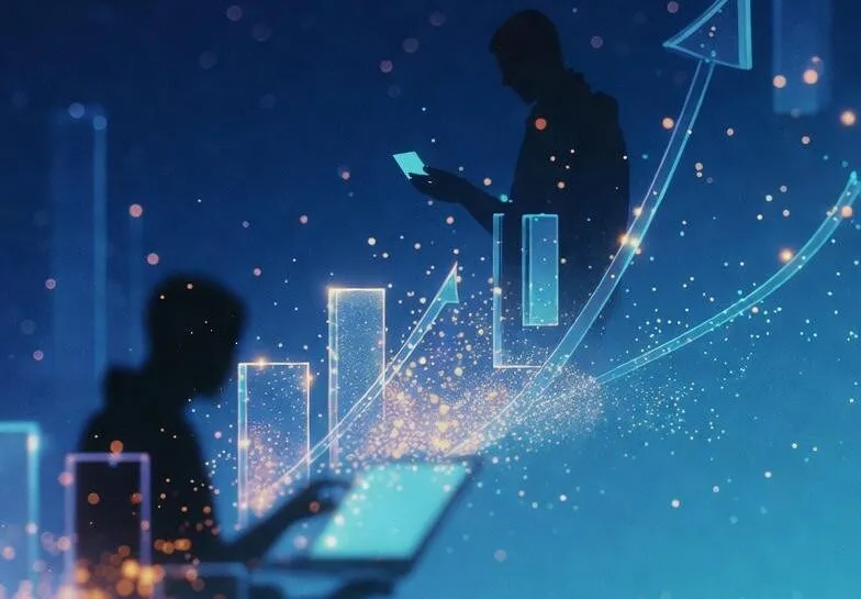 Gráfico de crescimento exponencial com ícone do Google Cloud e pessoas usando smartphones e notebooks, representando casos de sucesso com Inteligência Artificial do Google em 2025
