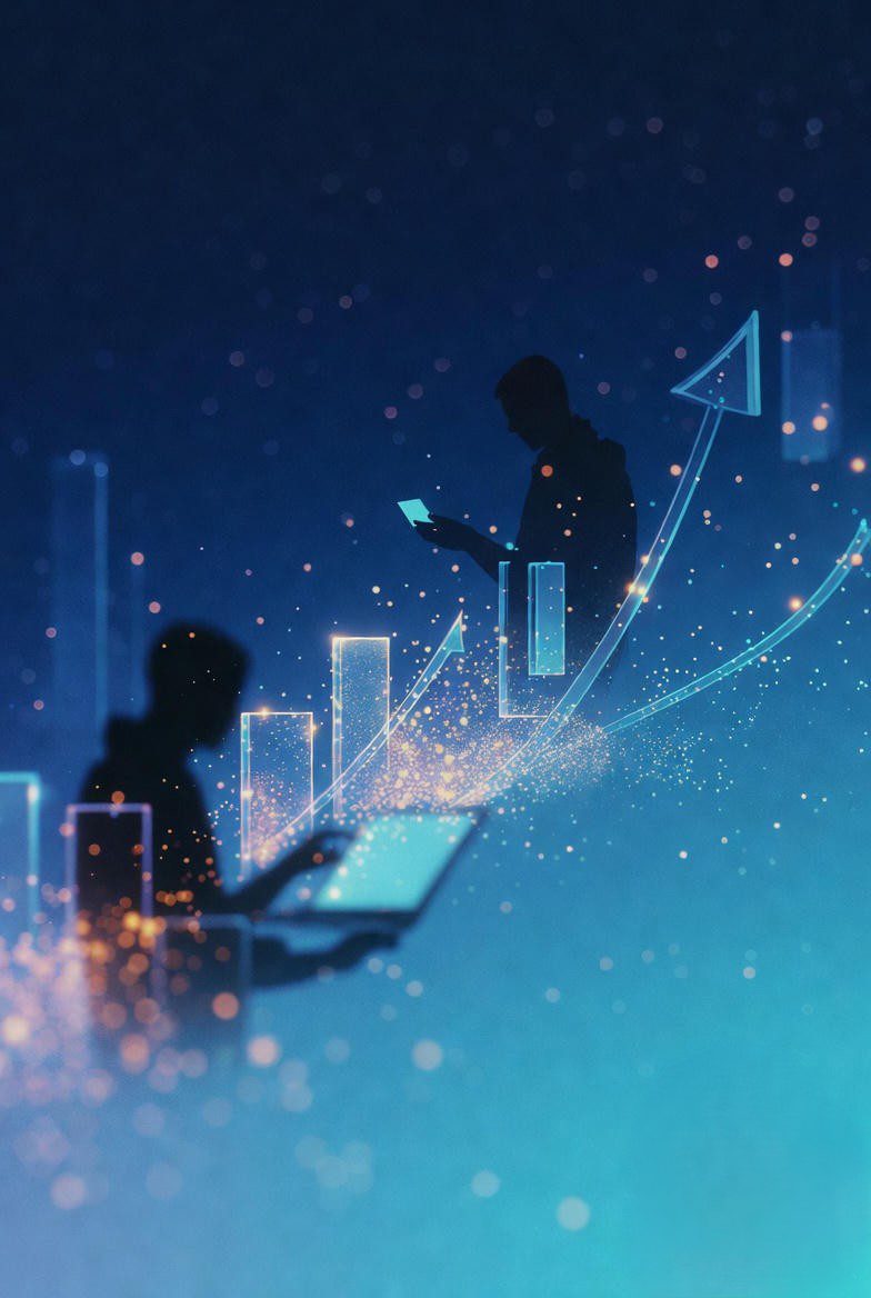 Gráfico de crescimento exponencial com ícone do Google Cloud e pessoas usando smartphones e notebooks, representando casos de sucesso com Inteligência Artificial do Google em 2025