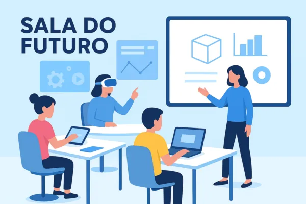 Ilustração de uma sala de aula do futuro com alunos usando laptop, tablet e óculos de realidade virtual, enquanto a professora apresenta gráficos em uma lousa digital.