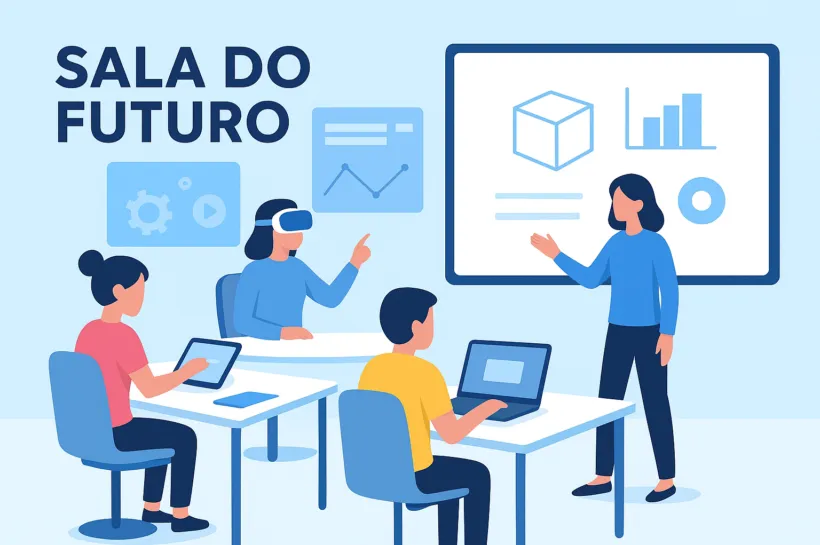 Ilustração de uma sala de aula do futuro com alunos usando laptop, tablet e óculos de realidade virtual, enquanto a professora apresenta gráficos em uma lousa digital.