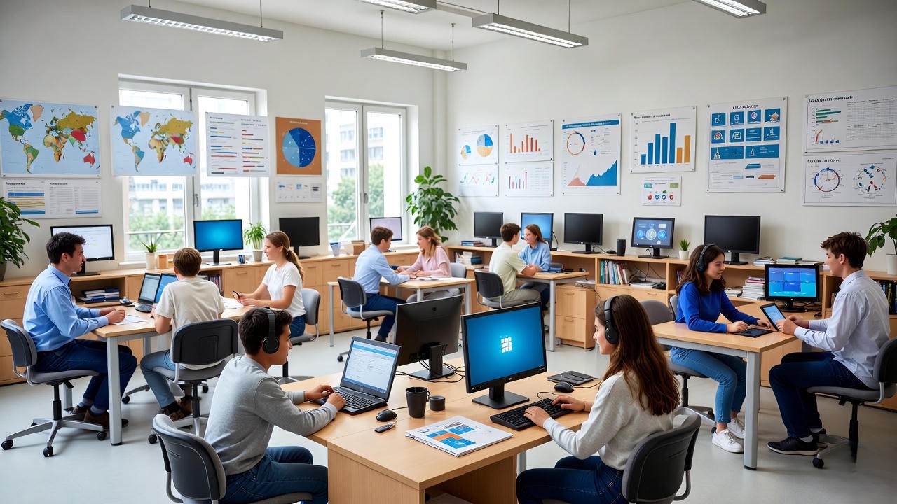 sala do futuro aplicativo educacional com estudantes adolescentes usando notebooks e tablets em sala de aula moderna e iluminada, tela com dashboard da plataforma SEDUC-SP ao fundo