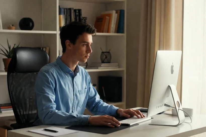 Homem jovem concentrado trabalhando em casa em um escritório organizado e iluminado, digitando no computador – guia completo para trabalhar em casa com sucesso