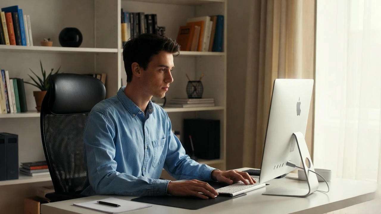 Homem jovem concentrado trabalhando em casa em um escritório organizado e iluminado, digitando no computador – guia completo para trabalhar em casa com sucesso