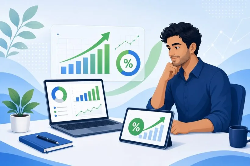 Homem analisando gráficos de ROI em marketing digital no notebook e tablet