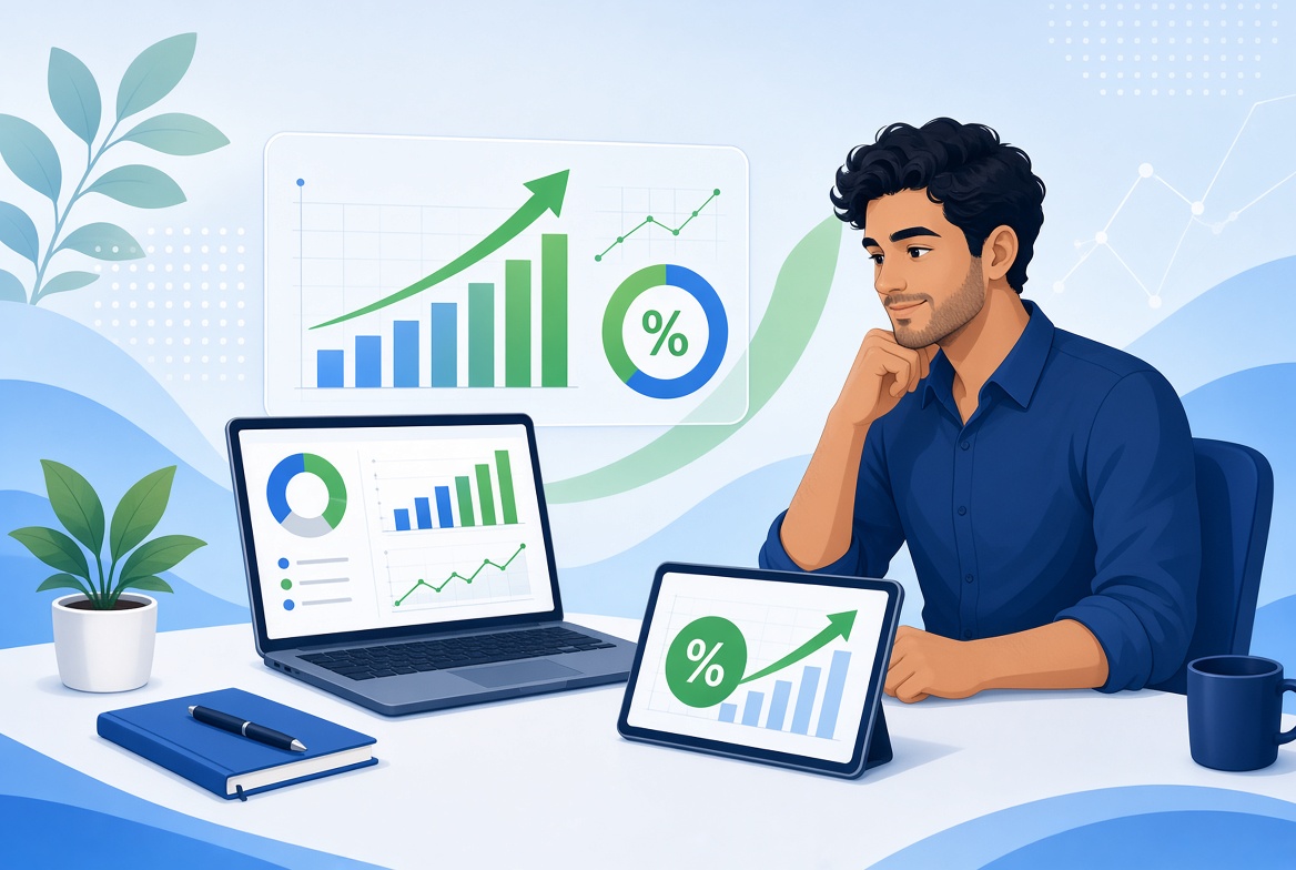Homem analisando gráficos de ROI em marketing digital no notebook e tablet