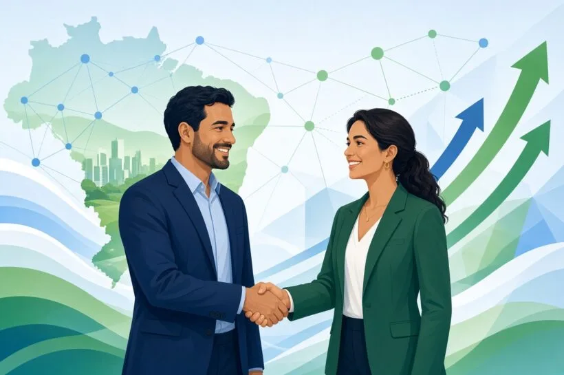 Duas pessoas de negócios apertando as mãos representando parcerias estratégicas no Brasil