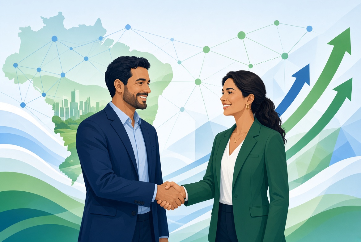 Duas pessoas de negócios apertando as mãos representando parcerias estratégicas no Brasil