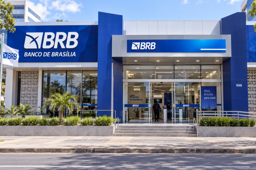 Ilustração gerada por inteligência artificial representando a fachada de uma agência do Banco de Brasília (BRB).
