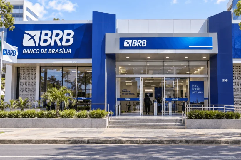 Ilustração de fachada bancária azul e branca com a identificação BRB.