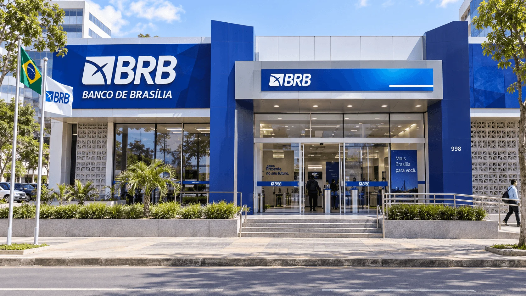 Ilustração de fachada bancária azul e branca com a identificação BRB.