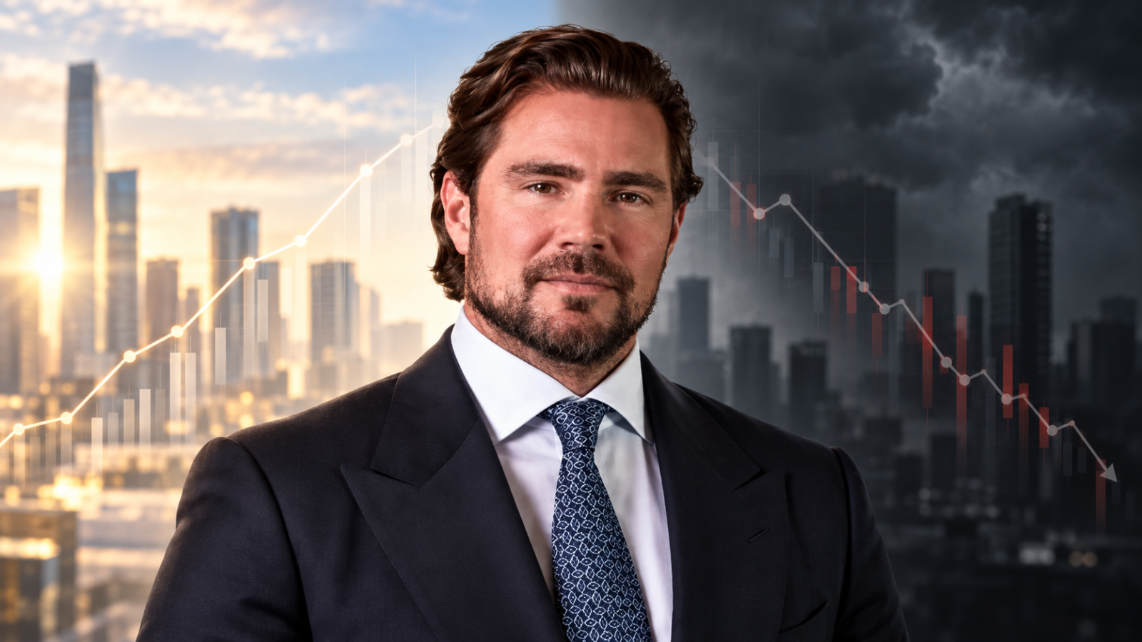 Retrato sério de Daniel Vorcaro com fundo dividido entre ascensão e queda, representando sua trajetória empresarial e o Banco Master.