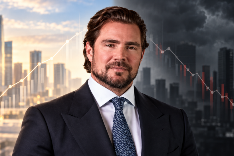 Retrato sério de Daniel Vorcaro com fundo dividido entre ascensão e queda, representando sua trajetória empresarial e o Banco Master.