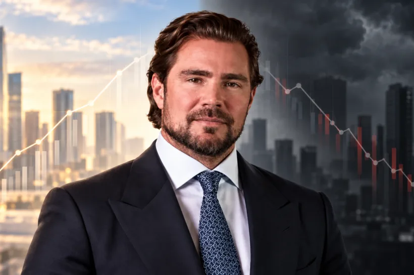 Retrato sério de Daniel Vorcaro com fundo dividido entre ascensão e queda, representando sua trajetória empresarial e o Banco Master.
