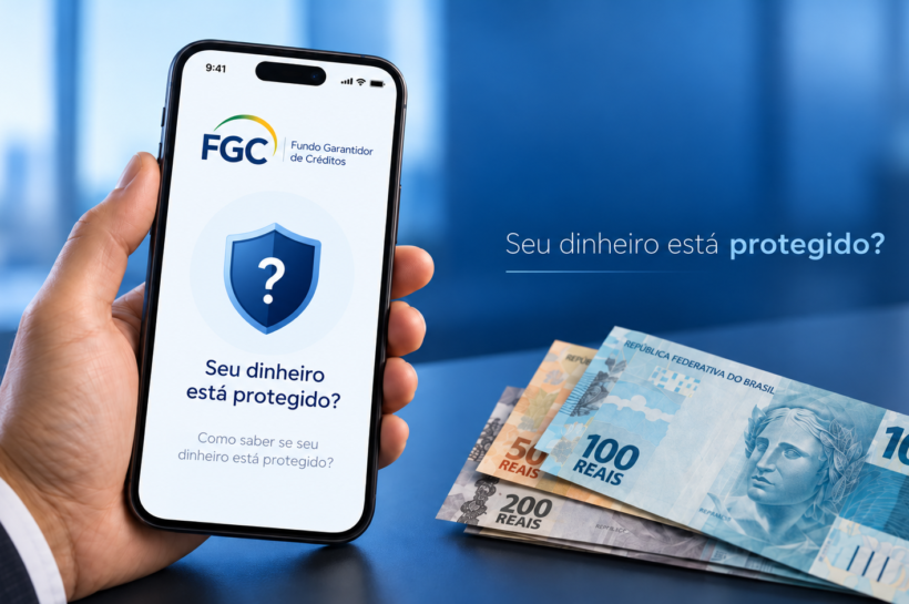 Mão segurando um celular com a tela do FGC e notas de real ao lado, em fundo azul, ilustrando a dúvida sobre a proteção do dinheiro investido.