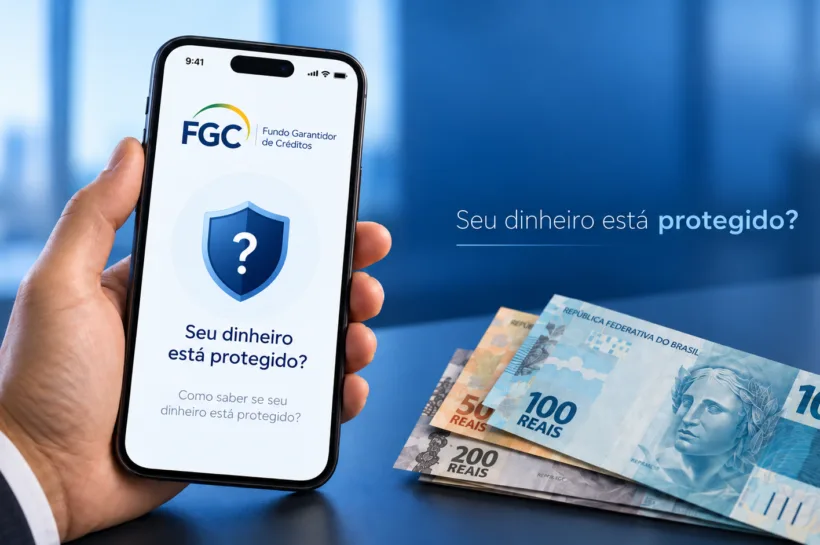 Mão segurando um celular com a tela do FGC e notas de real ao lado, em fundo azul, ilustrando a dúvida sobre a proteção do dinheiro investido.