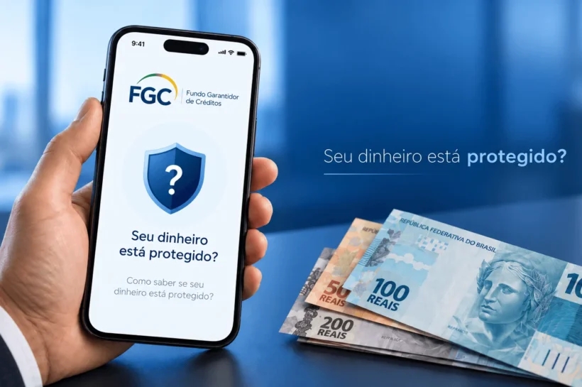 Mão segurando um celular com a tela do FGC e notas de real ao lado, em fundo azul, ilustrando a dúvida sobre a proteção do dinheiro investido.