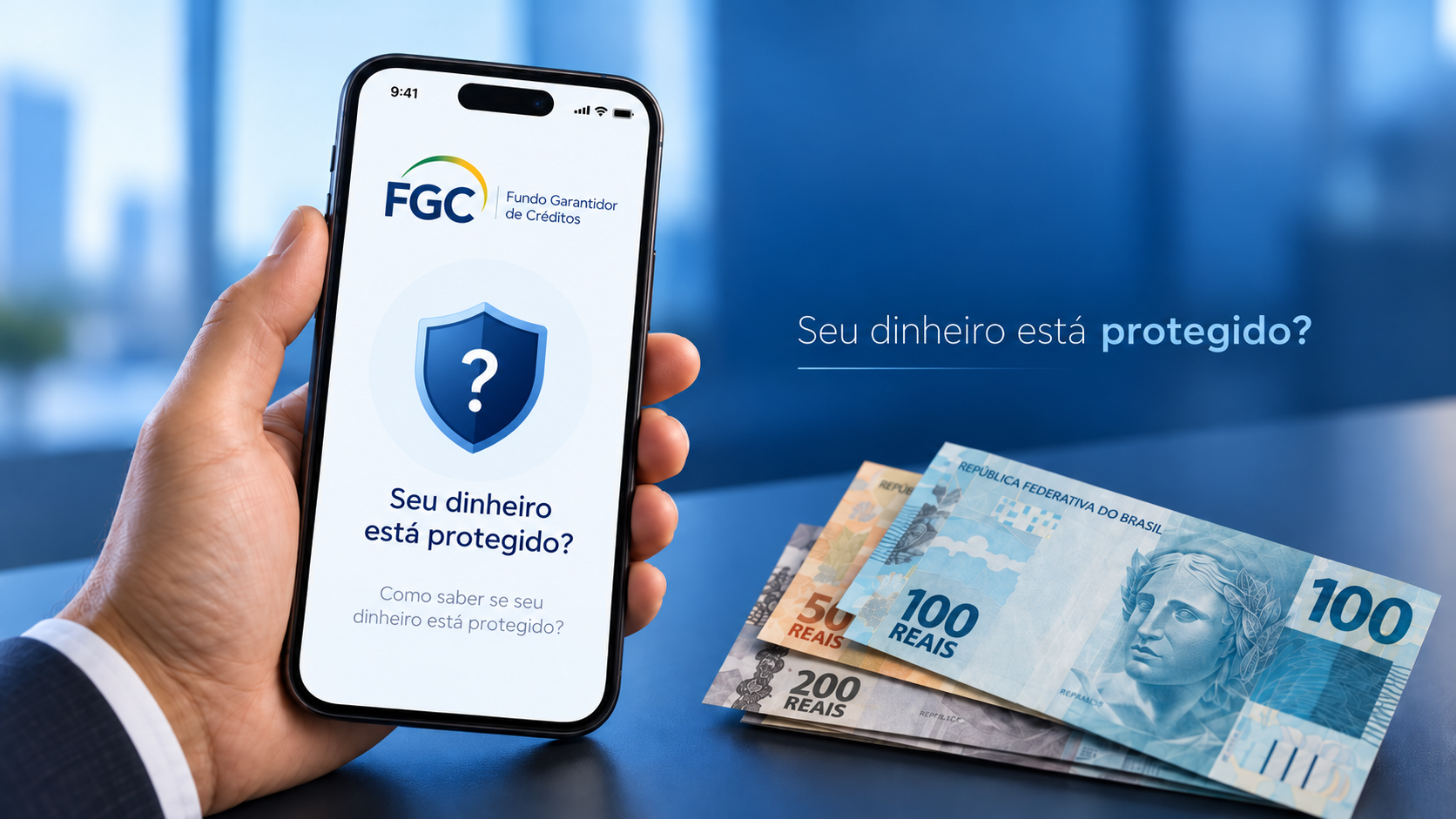 Mão segurando um celular com a tela do FGC e notas de real ao lado, em fundo azul, ilustrando a dúvida sobre a proteção do dinheiro investido.