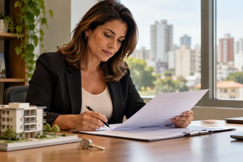 Corretora analisa documentos ao lado de uma maquete de imóvel.