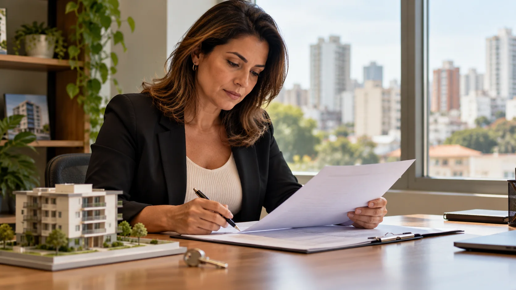 Corretora analisa documentos ao lado de uma maquete de imóvel.