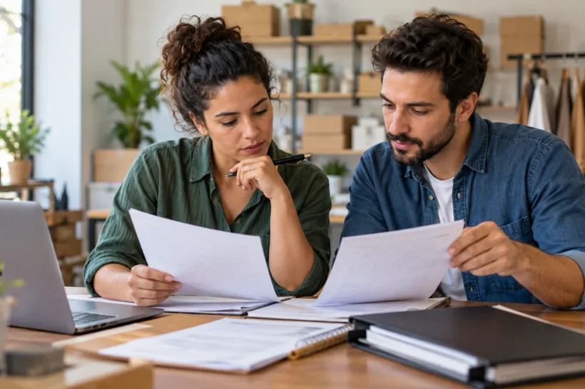 Dois empreendedores revisam registros de uma pequena empresa.