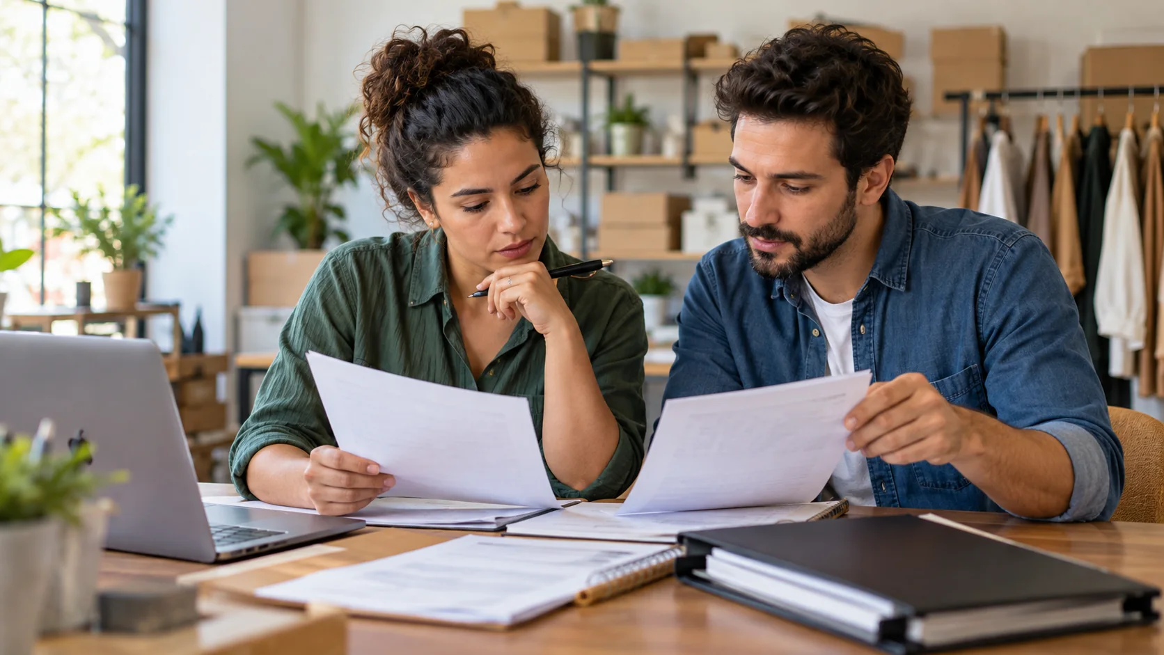 Dois empreendedores revisam registros de uma pequena empresa.