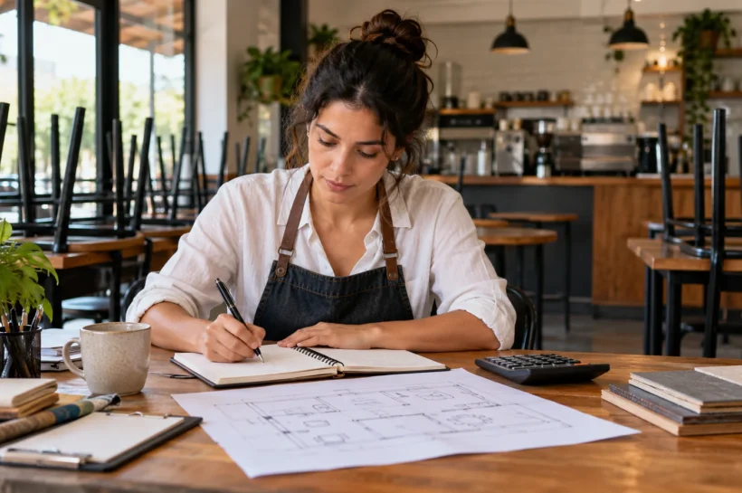 Empreendedora prepara o planejamento de uma cafeteria.