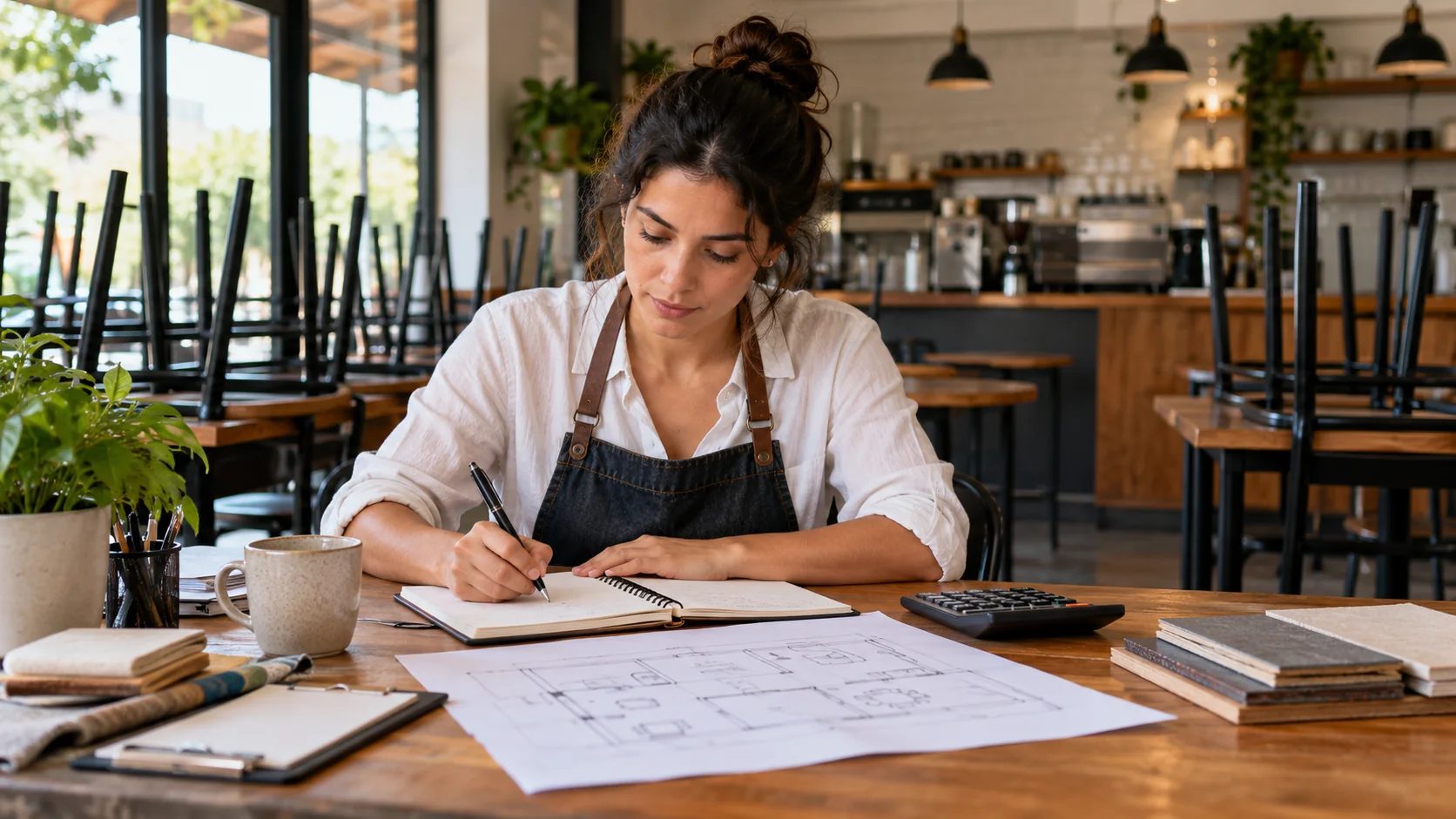 Empreendedora prepara o planejamento de uma cafeteria.