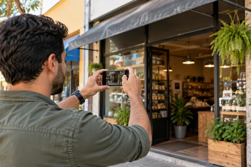 Lojista fotografa a fachada do seu estabelecimento.