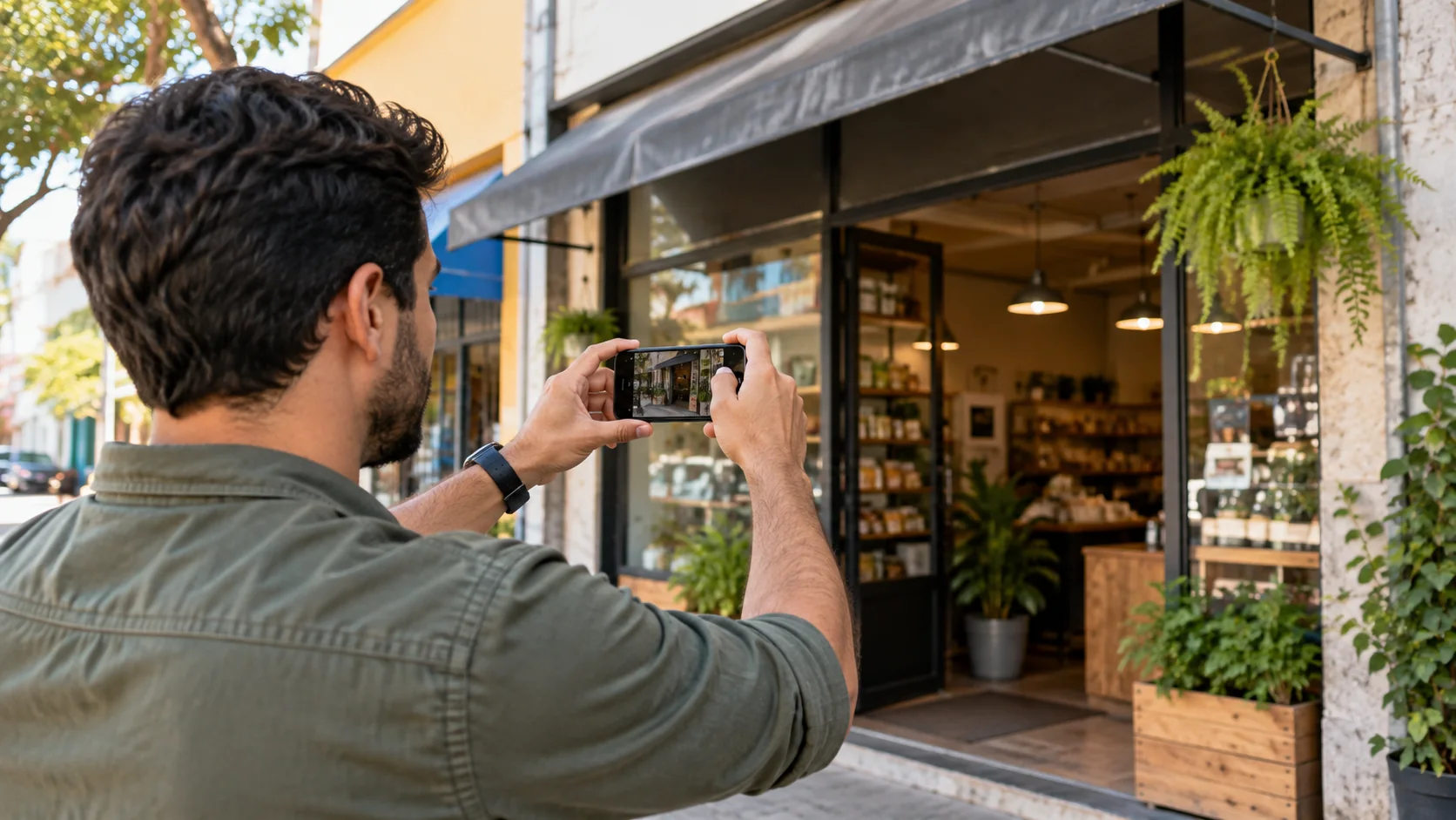 Lojista fotografa a fachada do seu estabelecimento.