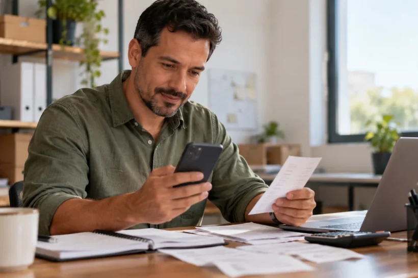 Empreendedor confere pagamentos da empresa no celular.