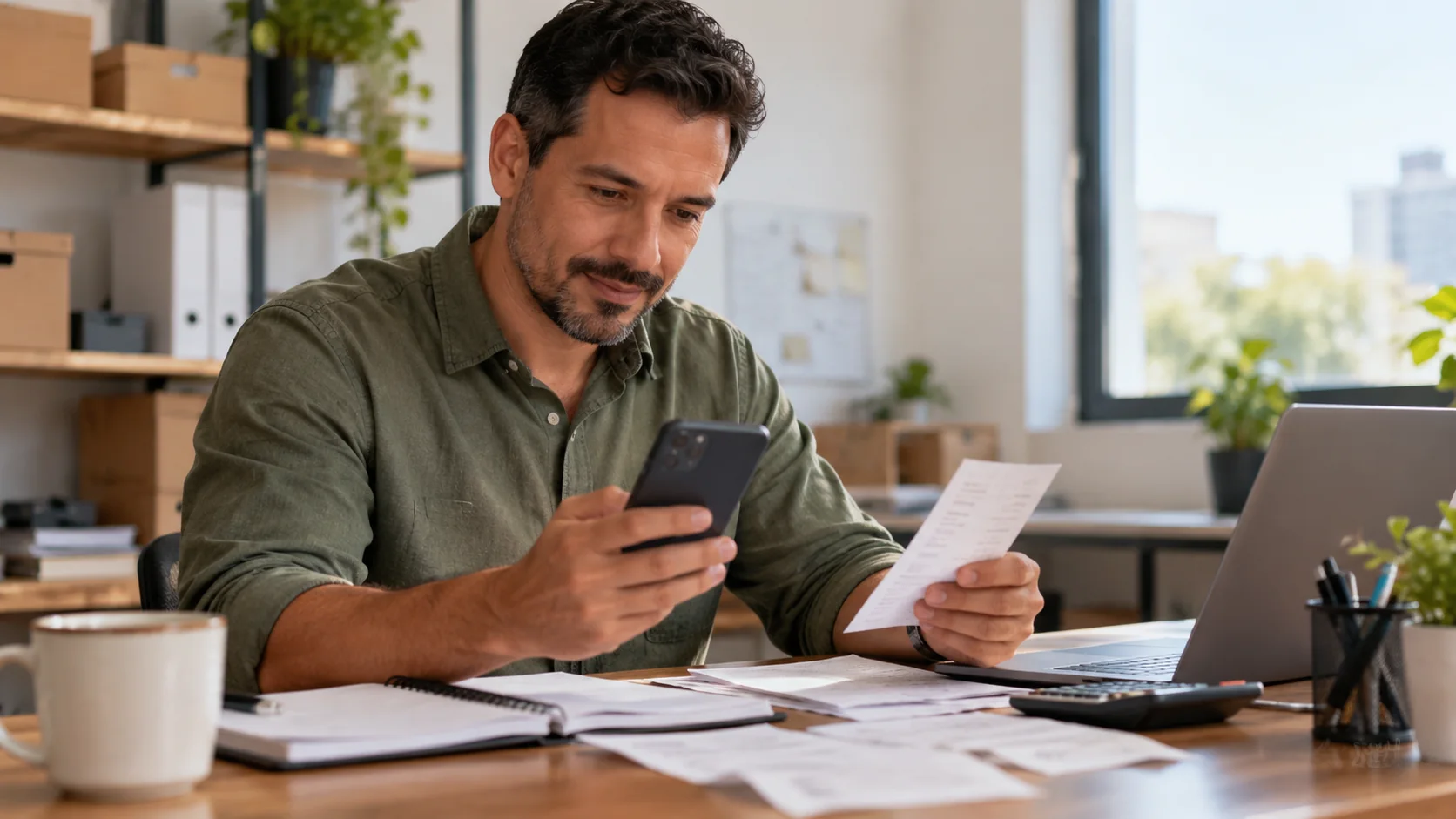 Empreendedor confere pagamentos da empresa no celular.
