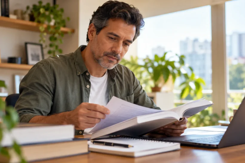 Profissional compara materiais de cursos de gestão.