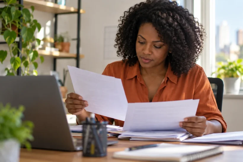 Empreendedora confere documentos para abrir uma empresa.