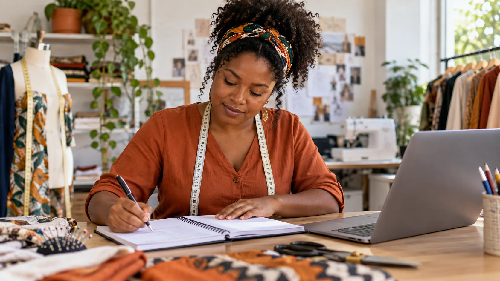 Empreendedora revisa anotações de uma capacitação.