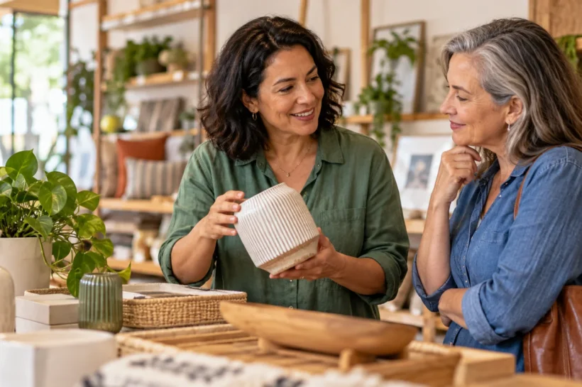 Lojista apresenta produtos a uma possível parceira.