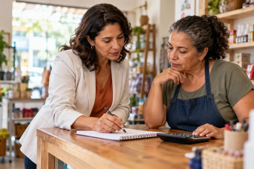 Duas profissionais conversam diante de um caderno em um ambiente de trabalho