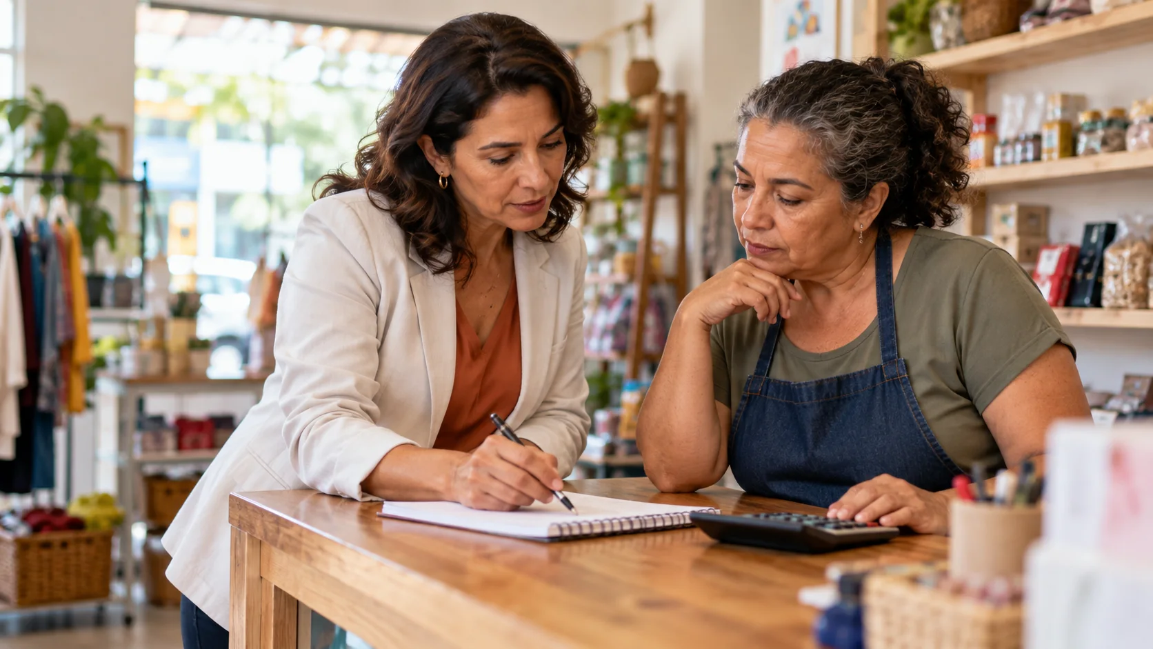 Duas profissionais conversam diante de um caderno em um ambiente de trabalho