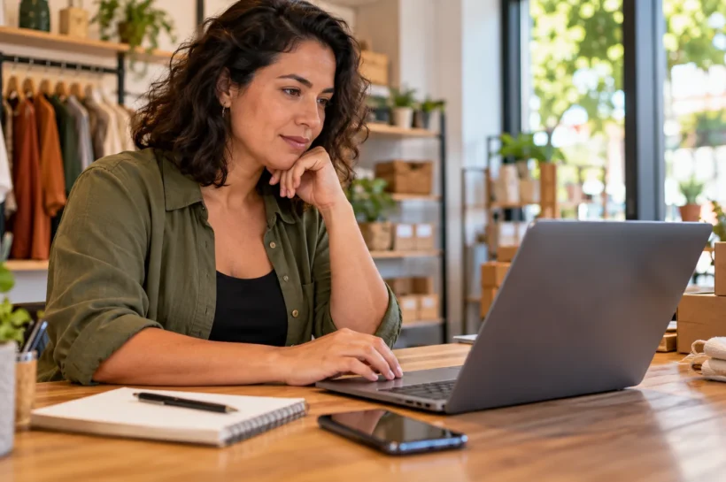 Profissional utiliza um notebook em um ambiente de pequeno negócio