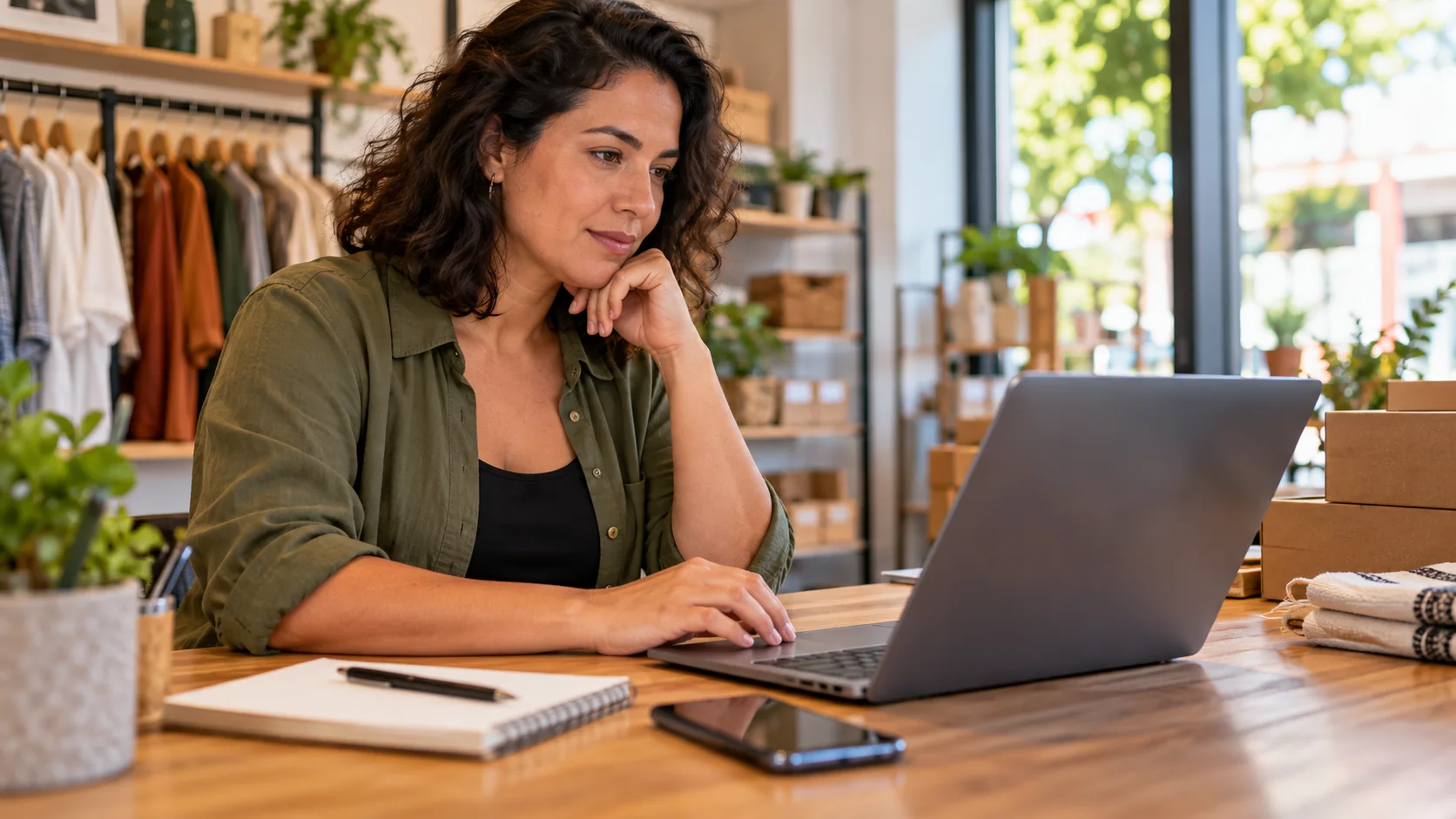 Profissional utiliza um notebook em um ambiente de pequeno negócio