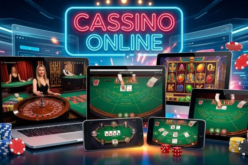 Ilustração de vários dispositivos digitais — computadores, tablets e telemóveis — a apresentar diferentes jogos de cassino online, como roleta, slot machines e cartas, rodeados por fichas e dados sobre um fundo com letreiro néon a dizer "CASSINO ONLINE"