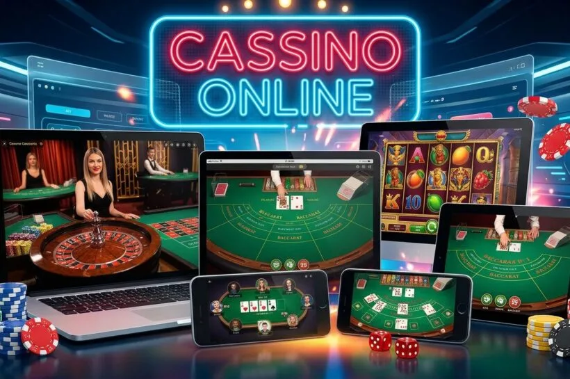 Ilustração de vários dispositivos digitais — computadores, tablets e telemóveis — a apresentar diferentes jogos de cassino online, como roleta, slot machines e cartas, rodeados por fichas e dados sobre um fundo com letreiro néon a dizer "CASSINO ONLINE"