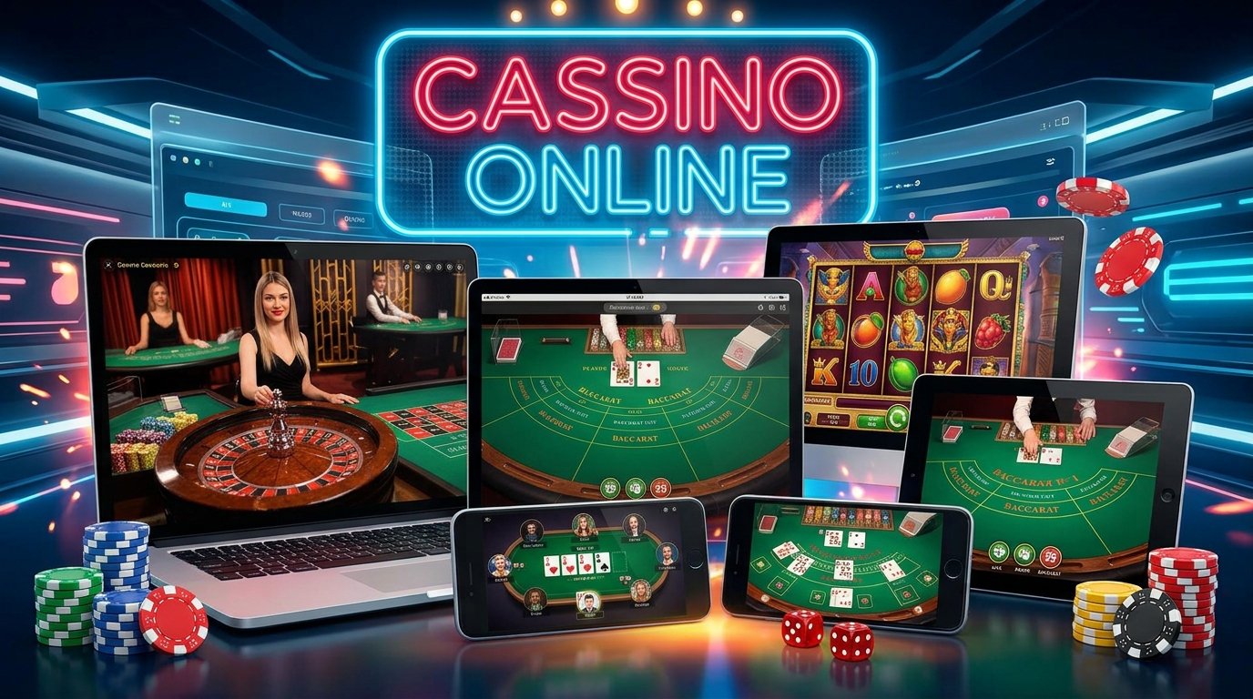 Ilustração de vários dispositivos digitais — computadores, tablets e telemóveis — a apresentar diferentes jogos de cassino online, como roleta, slot machines e cartas, rodeados por fichas e dados sobre um fundo com letreiro néon a dizer "CASSINO ONLINE"